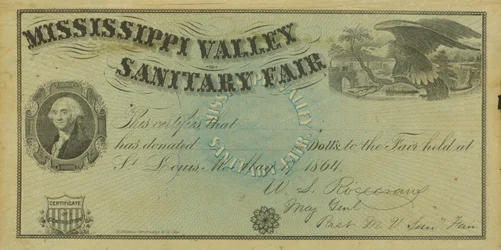 Certificado ilustrado em branco de contribuição para donativos feitos na Mississippi Valley Sanitary Fair, 7 de maio de 1864