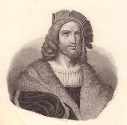 Retrato do poeta italiano Antonio Tebaldeo (1463-1537), gravura em cobre de pintura de Rafael