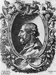 Retrato de Ludovico Ariosto (1474-1533), poeta e dramaturgo italiano, Medaglie del Doni, gravura de Enea Vico (1523-1567)
