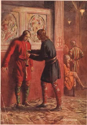 Hamlet tenta fazer Guildenstern tocar um cano, de &39;Hamlet&39; de William Shakespeare, edição publicada pela Hodder und Stoughton em 1915