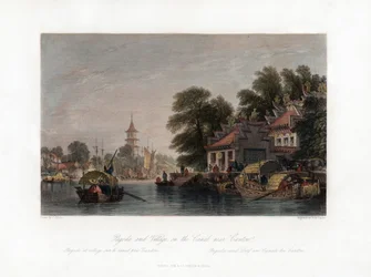 Pagode e vila, no canal perto de Canton, China, c1840.