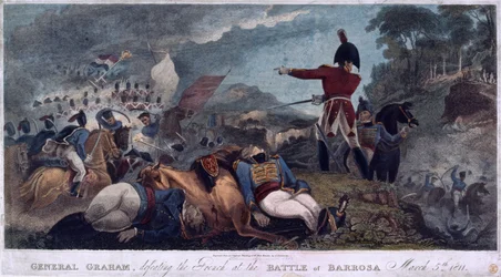 General Graham derrotando os franceses na batalha de Barrosa, gravada por J. Edwards, publicada por Almanack Stationers, 1812