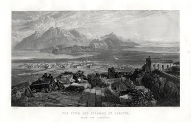 A cidade e o istmo de Corinto da Acrópole, Grécia, 1887