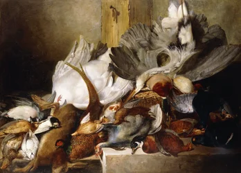 Natureza-morta de aves mortas; uma garça pendurada de uma parede, pato, faisão, perdiz, galinhola, um cisne e um pombo com uma lebre, 1845