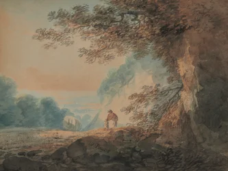 Paisagem, árvore em primeiro plano e figuras de mulher e criança