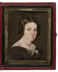 Retrato em miniatura de Sally Ann Gage, c.1837 (wc em marfim, couro, liga de cobre e vidro)
