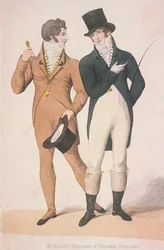 Vestidos de passeio e equitação matinal, c1810