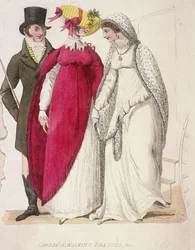 Duas mulheres com vestidos de passeio acompanhadas por um homem, c1810