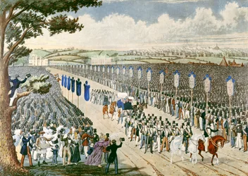 Reunião de sindicalistas em campos de Copenhaga, 1834 (gravura a cores)