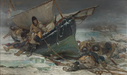 Sir John Franklin a morrer junto ao seu barco durante a expedição do HMS "Erebus" e "Terror" à Passagem do Noroeste