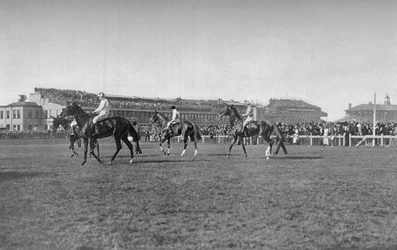 Cavalos de St. Leger na frente do carrinho de Doncaster, c1901, 1903