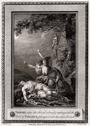 Thisbe pega a espada que já cheira ao sangue de Pyramus e a mergulha em ..., 1775.