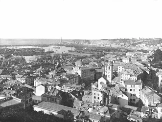 Vista geral da cidade de Gênova, Itália, 1895.