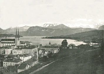 Vista de Lucerna e suas montanhas, Suíça, 1895.