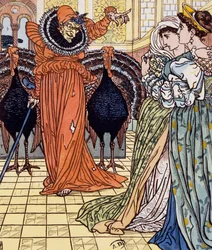 Aparição de uma bruxa acompanhada por dois pavões, gravura a partir de um desenho de Walter Crane (1845-1915)