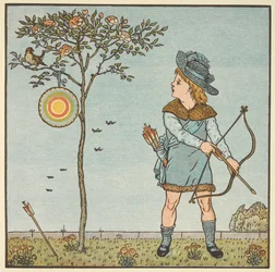Ilustração a cores para «O pequeno pardal macho». Um menino com arco e flecha, prestes a disparar contra uma ave numa árvore. Uma cantiga infantil.