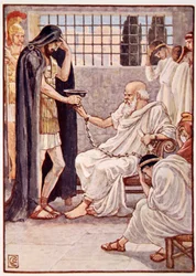 Ele bebeu o conteúdo como se fosse um esboço de vinho, ilustração de The Story of Greece de Mary Macgregor, 1a edição, 1913 (impressão colorida)