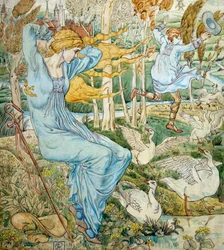 "Um jovem está a tentar apanhar o seu chapéu, que voou com o vento. Uma gansa está a observá-lo. Ilustração de Walter Crane (1845-1915) Coleção particular