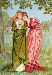 Idade Média: "Ele ama-me, ele não me ama" Uma jovem deixa uma margarida para descobrir se o homem por quem está apaixonada a ama. Ilustração de Walter Crane (1845-1915) Coleção particular