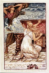 Pandora a abrir a caixa. Ilustração de Walter Crane para "Wonder book for girls and boys", Londres 1893.