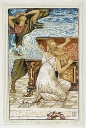 Pandora abre a caixa - em "A wonder book for girls and boys: hawthorne", de Walter Crane. 1895