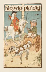 Palavras rimadas terminadas na letra G. Uma ilustração mostrando um porco a montar um cavalo, e outro drving uma carroça. A cartilha dourada.