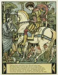 O Príncipe pede direcções, do The Blue Beard Picture Book, pub. 1879 (cor litho)