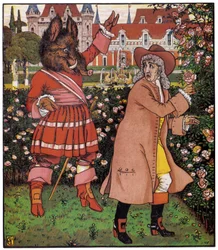 O pai da bela apanha rosas no jardim da beterraba. Ilustração de Walter Crane (1845-1915) em "A Bela e a Bete", Inglaterra