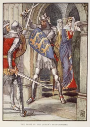 A luta na Câmara Anteira da Rainha, de "Histórias dos Cavaleiros da Távola Redonda" de Henry Gilbert, primeira edição, 1911