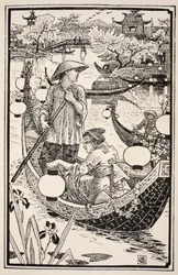 Quando a noite chegou, eles entraram novamente em seu barco, fazendo-o florescer da proa à popa, ilustração de "Folk and Fairy Tales" de Mrs. Burton Harrison, 1885