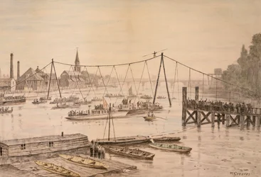Charles Blondin atravessando o Tamisa na corda bamba, Londres, antes de 1897.  