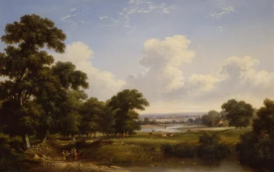 Camponeses numa paisagem de rio arborizado (óleo sobre tela)