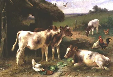 Vitelos e Aves junto a um celeiro em uma paisagem
