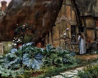 Junto à casa de campo. Conversa à janela de um celeiro. Pintura de Well Walter Langley (1852-1922 britânico) Coleção particular