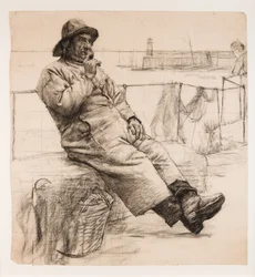 Pescador fumando um cachimbo (carvão no papel)