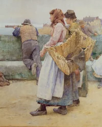 Em uma vila de pescadores da Cornualha: Partida da Frota para o Norte, detalhe de duas pescadoras, 1886 (wc) (detalhe de 77635)
