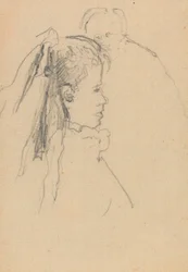 Cabeça e busto de uma menina de perfil para a direita, cabeça de um homem, frente cheia, atrás (grafite sobre papel)