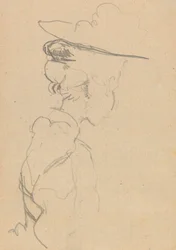 Cabeça e ombros de uma mulher de chapéu, em perfil perdido, para a direita (grafite sobre papel)