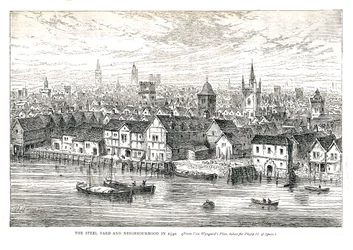 O Steel Yard Iron Wharf e a vizinhança em 1540. À beira do rio, 1878