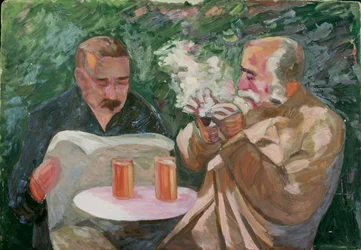 Homens no jardim da taverna