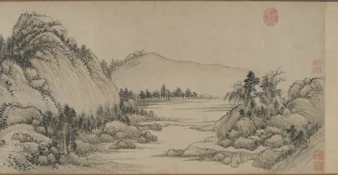Habitação nas Montanhas Fuchun depois de Huang Gongwang, dinastia Qing, 1672 (tinta e cor sobre papel)