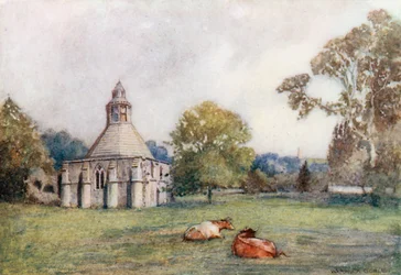 Abadia de Glastonbury: A cozinha do abade e Glastonbury Tor (litografia a cores)