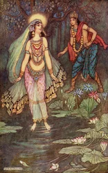 Shantanu Meets the Goddess Ganga, ilustração de "Indian Myth and Legend" de Donald A. Mackenzie, publicado em 1913 (litografia a cores)