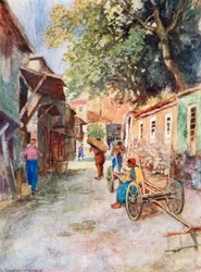 Cena de rua, fábrica de barro (litografia a cores)