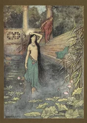Frontispício: "Ela saiu correndo do palácio... e veio para o mundo superior." de Folk-Tales of Bengal ... Com 32 ilustrações em cores de Warwick Goble (Edition de luxe.)