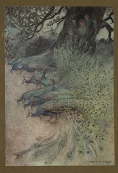 Prancha 11: "Centenas de pavões de plumagem magnífica vieram aos aterros para comer o khai", de Folk-Tales of Bengal ... Com 32 ilustrações a cores de Warwick Goble. Edição de luxo.