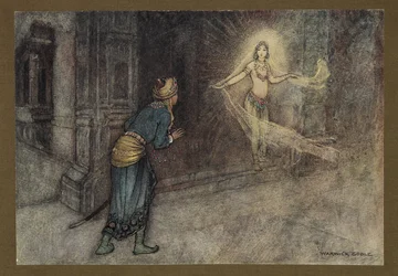 Gravura 13: "Ele viu uma bela mulher saindo do palácio", de Folk-Tales of Bengal ... Com 32 ilustrações em cores de Warwick Goble (Edition de luxe.) 1914 (litografia colorida)