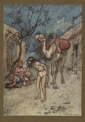 Placa 16: "O cameleiro desceu, amarrou o camelo na árvore no local e começou a fumar."  Folk-Tales of Bengal... Com 32 ilustrações a cores de Warwick Goble. (Edição de luxo.).  1914