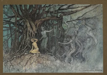 Placa 19: "No momento em que foi dado o primeiro golpe, um grande número de fantasmas correu para o Brahman, de "Folk-Tales of Bengal ... Com 32 ilustrações a cores de Warwick Goble (Edition de luxe.)