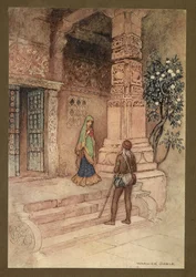 Placa 1: "A rainha Suo foi até a porta com um punhado de arroz." de Folk-Tales of Bengal ... Com 32 ilustrações em cores de Warwick Goble. (Edição de luxo.)